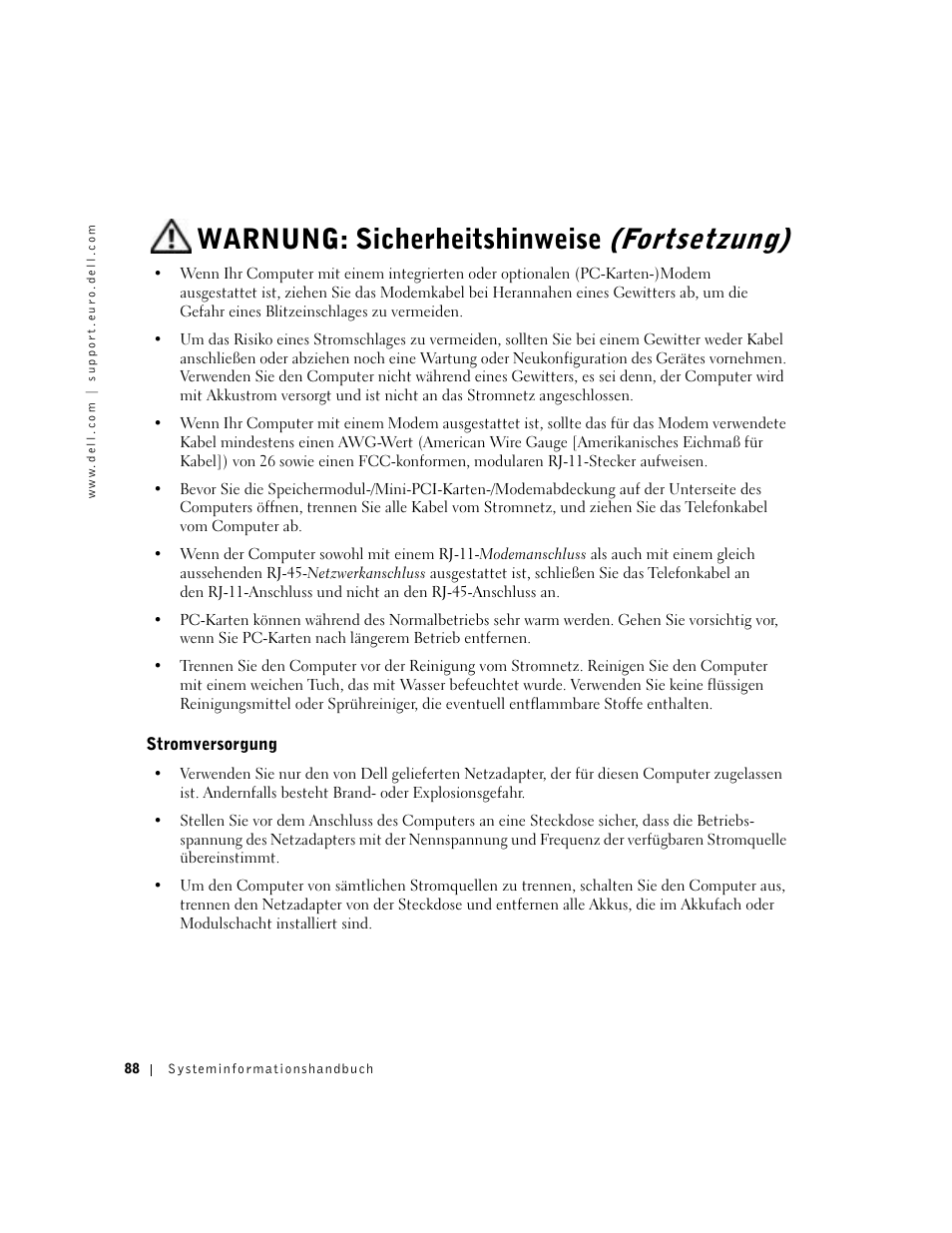 Stromversorgung, Warnung: sicherheitshinweise, Fortsetzung) | Dell Latitude D500 User Manual | Page 90 / 198