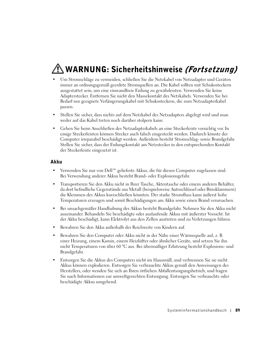 Akku, Warnung: sicherheitshinweise, Fortsetzung) | Dell Latitude D500 User Manual | Page 91 / 198