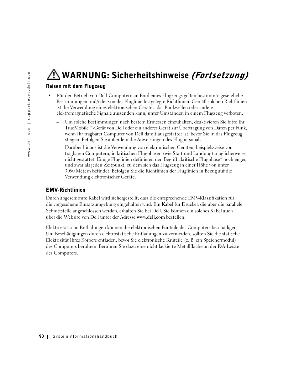 Reisen mit dem flugzeug, Emv-richtlinien, Warnung: sicherheitshinweise | Fortsetzung) | Dell Latitude D500 User Manual | Page 92 / 198