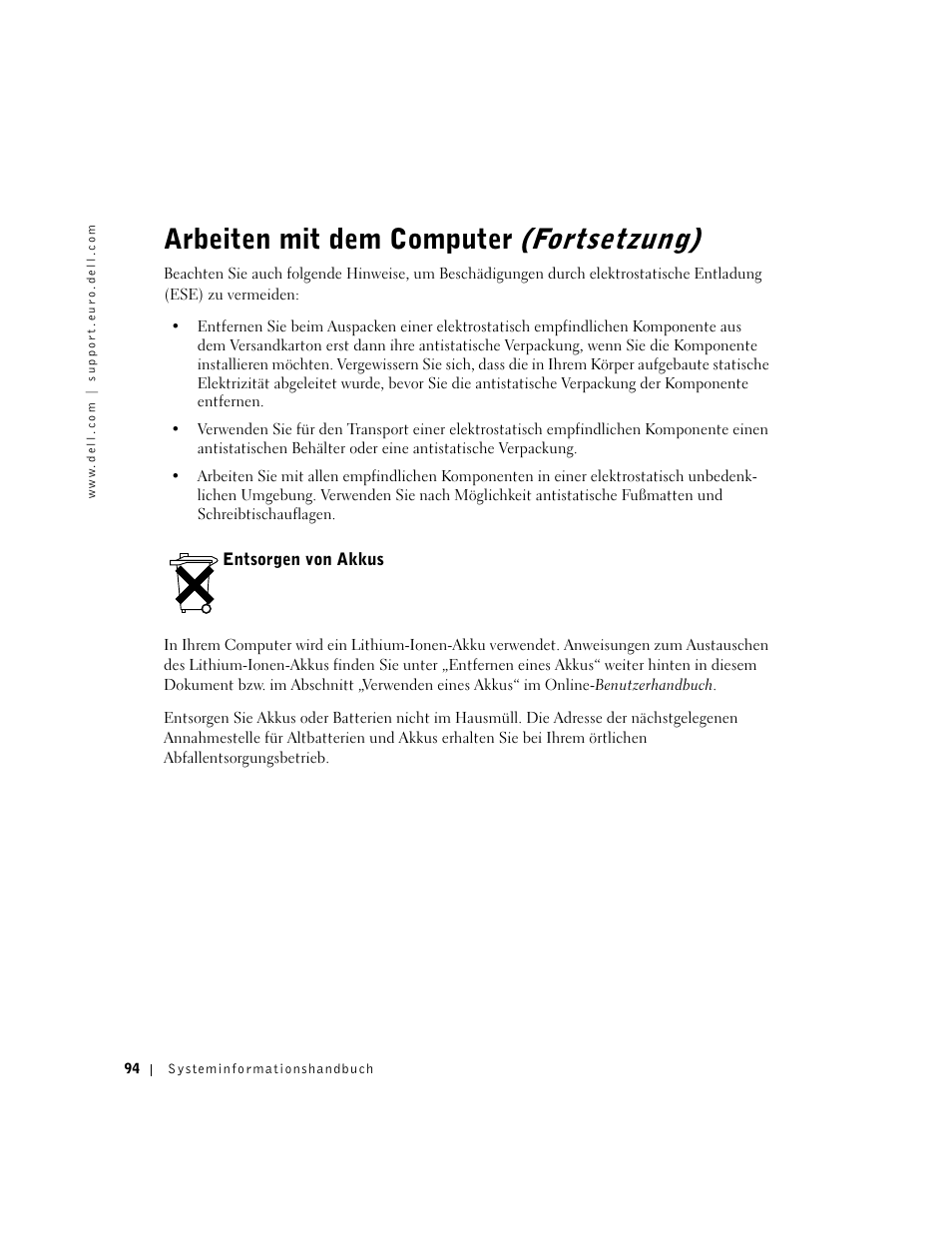 Entsorgen von akkus, Arbeiten mit dem computer, Fortsetzung) | Dell Latitude D500 User Manual | Page 96 / 198