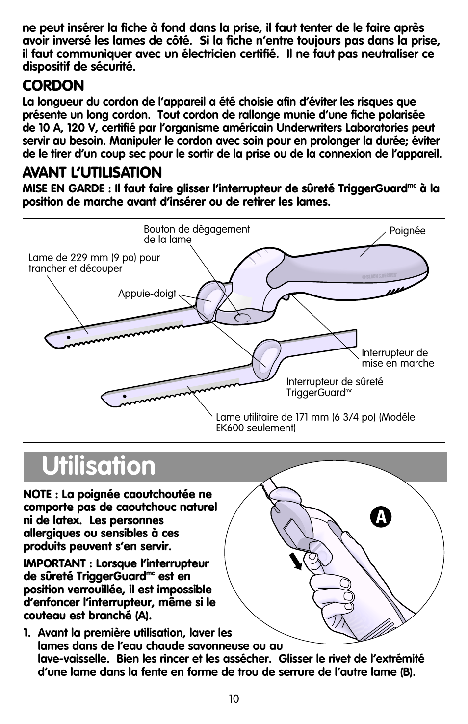 Utilisation, Cordon, Avant l’utilisation | Black & Decker EK600 User Manual | Page 10 / 12