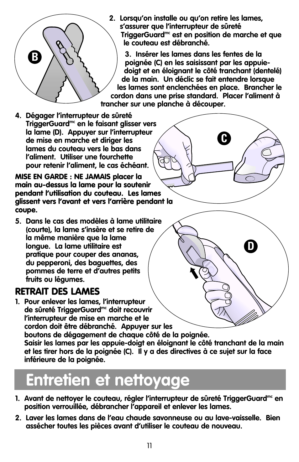 Entretien et nettoyage, Cd b, Retrait des lames | Black & Decker EK600 User Manual | Page 11 / 12
