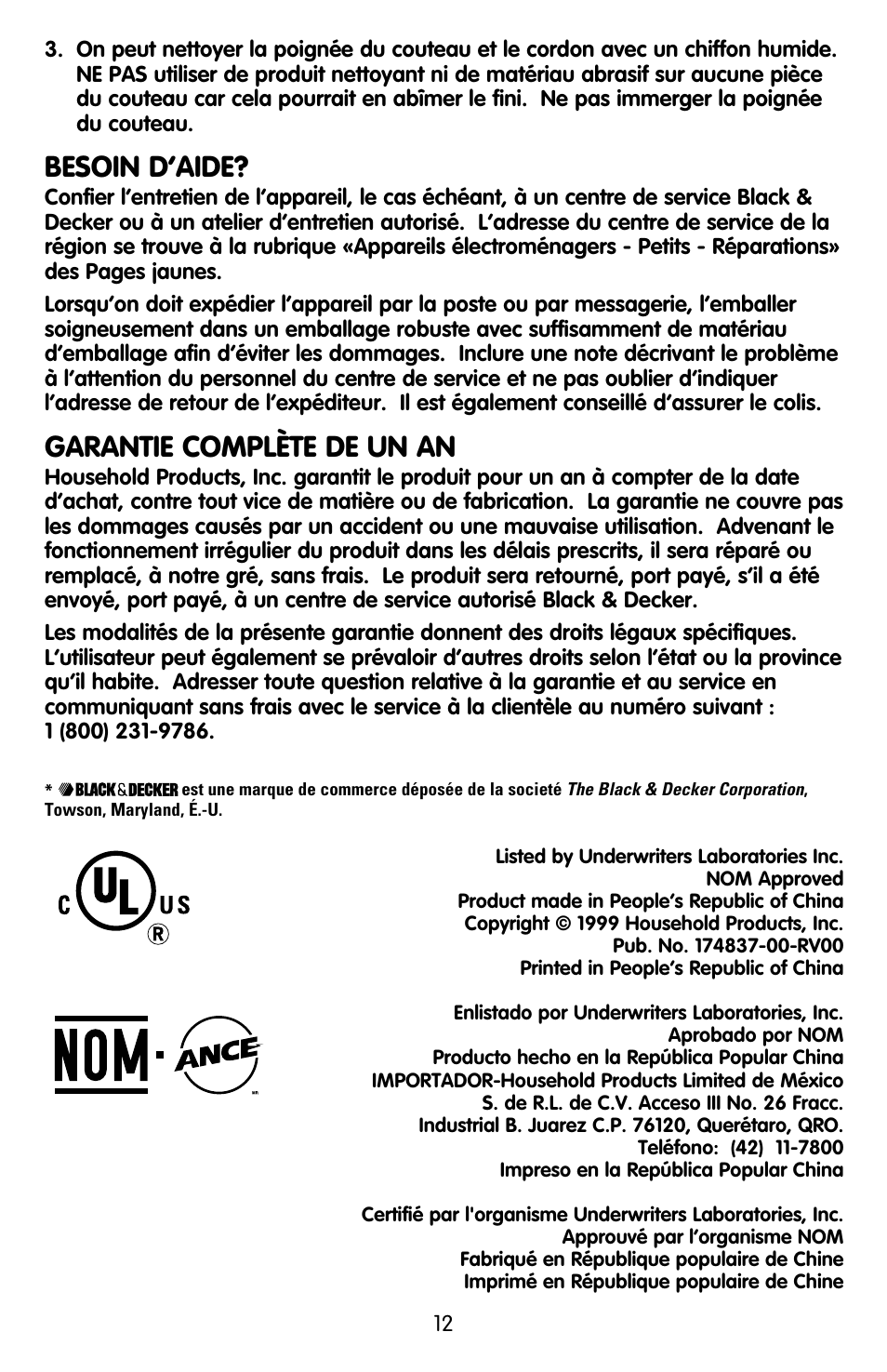 Besoin d'aide, Besoin d’aide, Garantie complète de un an | Black & Decker EK600 User Manual | Page 12 / 12