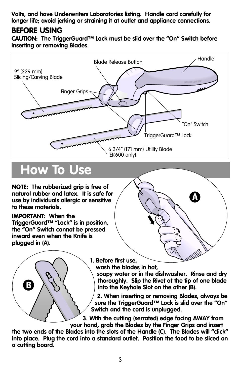 How to use, Before using | Black & Decker EK600 User Manual | Page 3 / 12