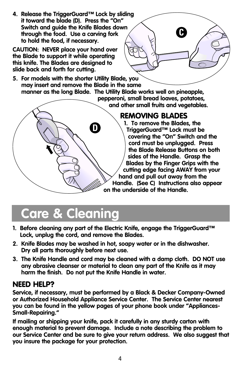Care & cleaning, Removing blades, Need help | Black & Decker EK600 User Manual | Page 4 / 12