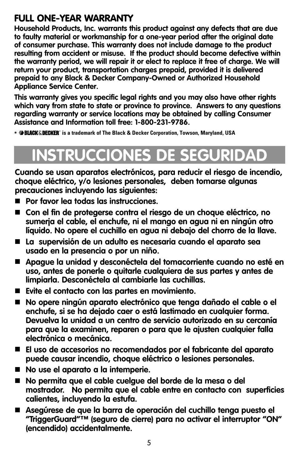 Service/warranty, Seguridad, Instrucciones de seguridad | Full one-year warranty | Black & Decker EK600 User Manual | Page 5 / 12