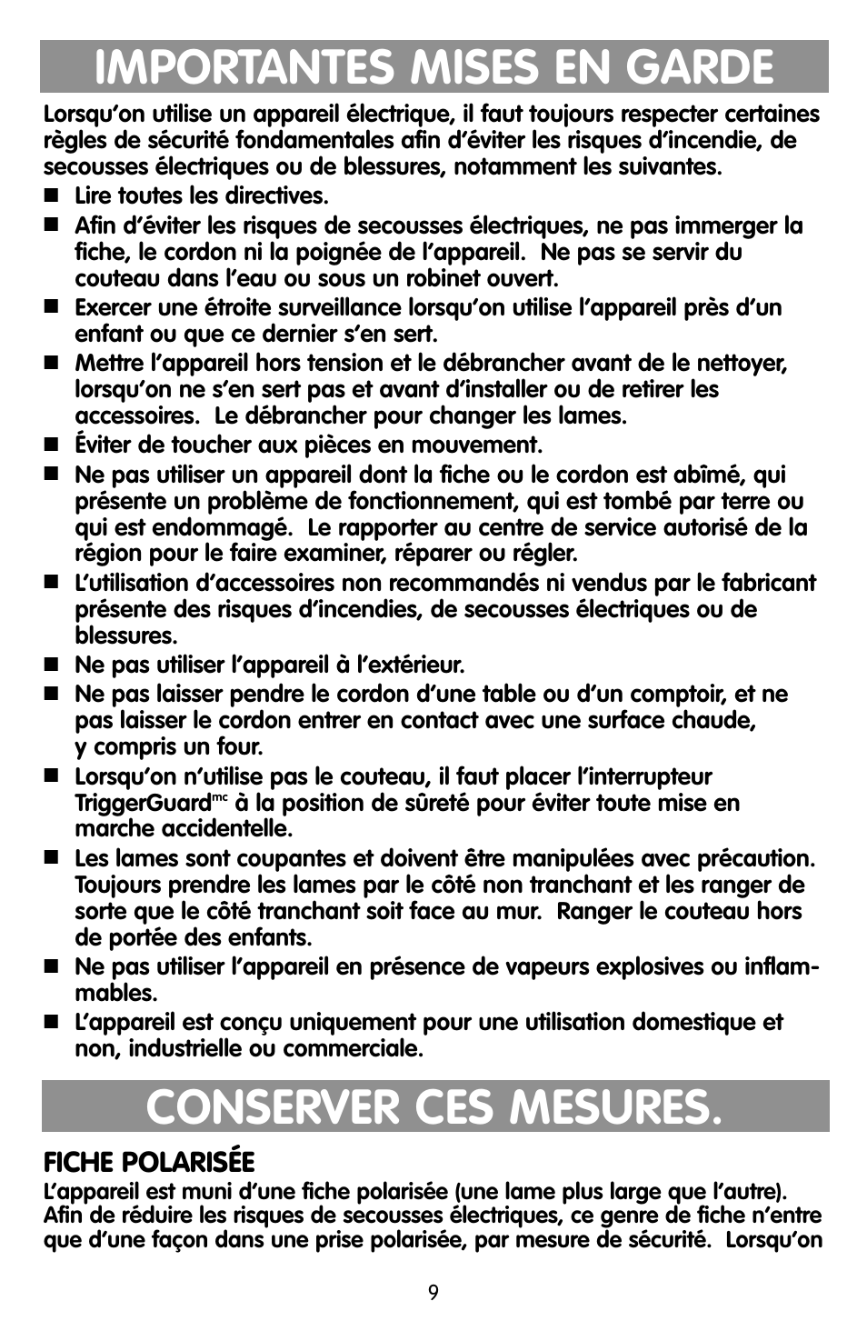 Mises en garde, Importantes mises en garde, Conserver ces mesures | Fiche polarisée | Black & Decker EK600 User Manual | Page 9 / 12