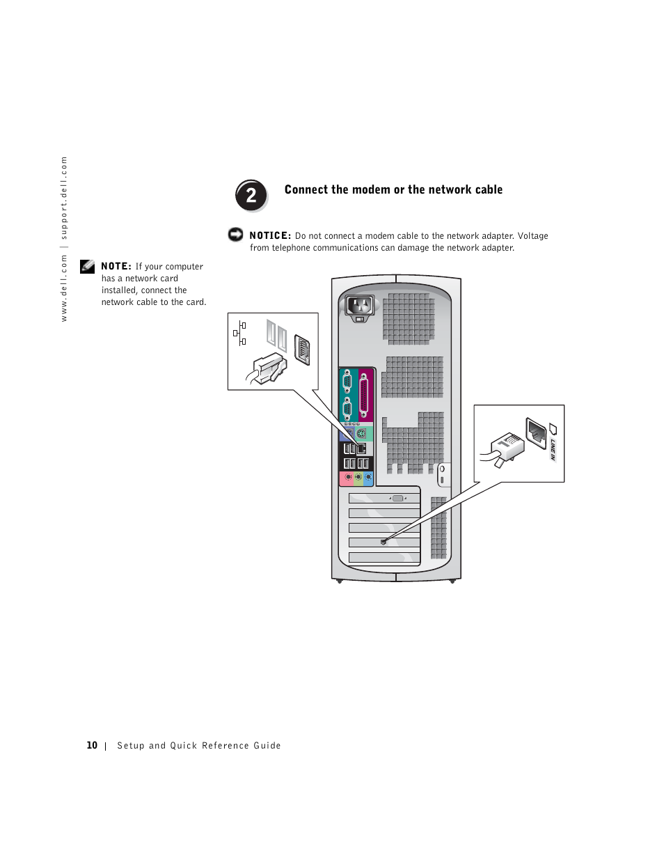 Connect the modem or the network cable | Dell Precision 350 User Manual | Page 10 / 136