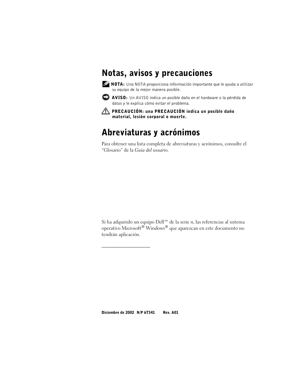 Notas, avisos y precauciones, Abreviaturas y acrónimos | Dell Precision 350 User Manual | Page 104 / 136