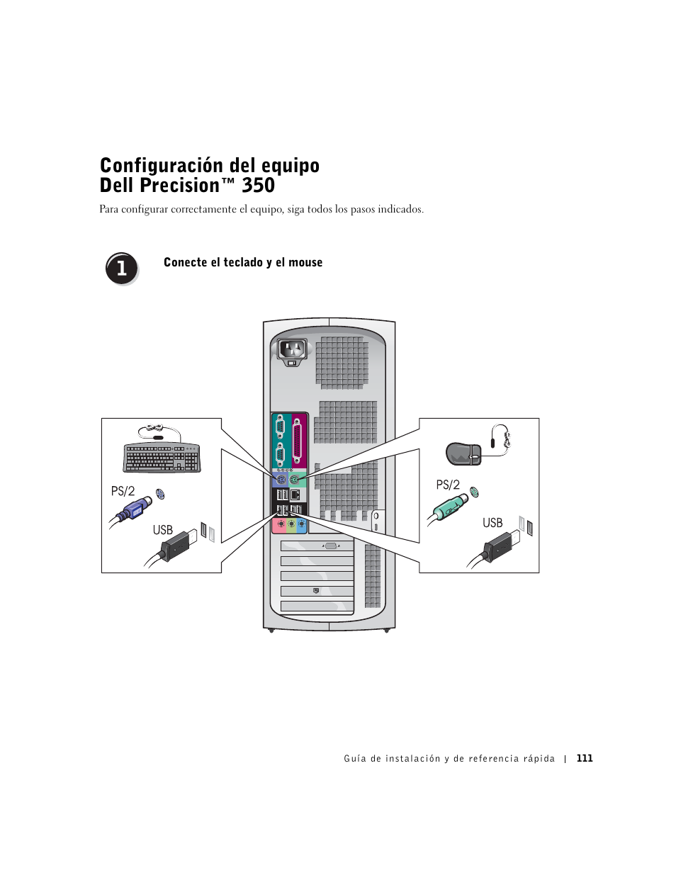 Configuración del equipo dell precision™ 350, Conecte el teclado y el mouse | Dell Precision 350 User Manual | Page 111 / 136