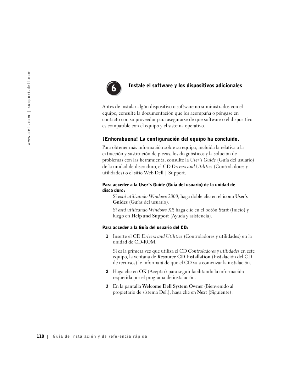 Instale el software y los dispositivos adicionales | Dell Precision 350 User Manual | Page 118 / 136