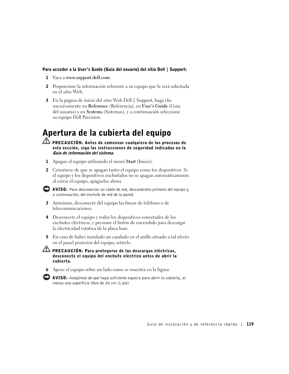 Apertura de la cubierta del equipo | Dell Precision 350 User Manual | Page 119 / 136