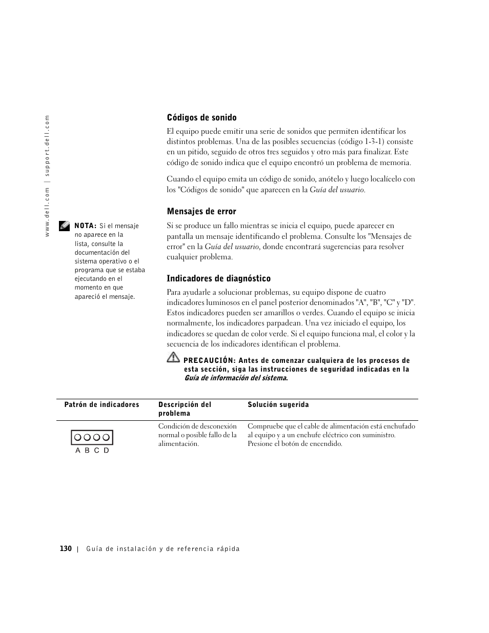 Códigos de sonido, Mensajes de error, Indicadores de diagnóstico | Dell Precision 350 User Manual | Page 130 / 136