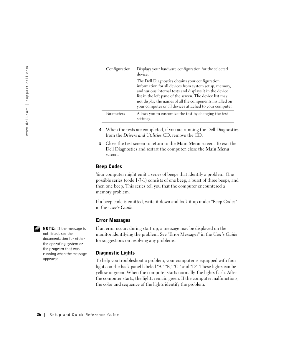 Beep codes, Error messages, Diagnostic lights | Dell Precision 350 User Manual | Page 26 / 136