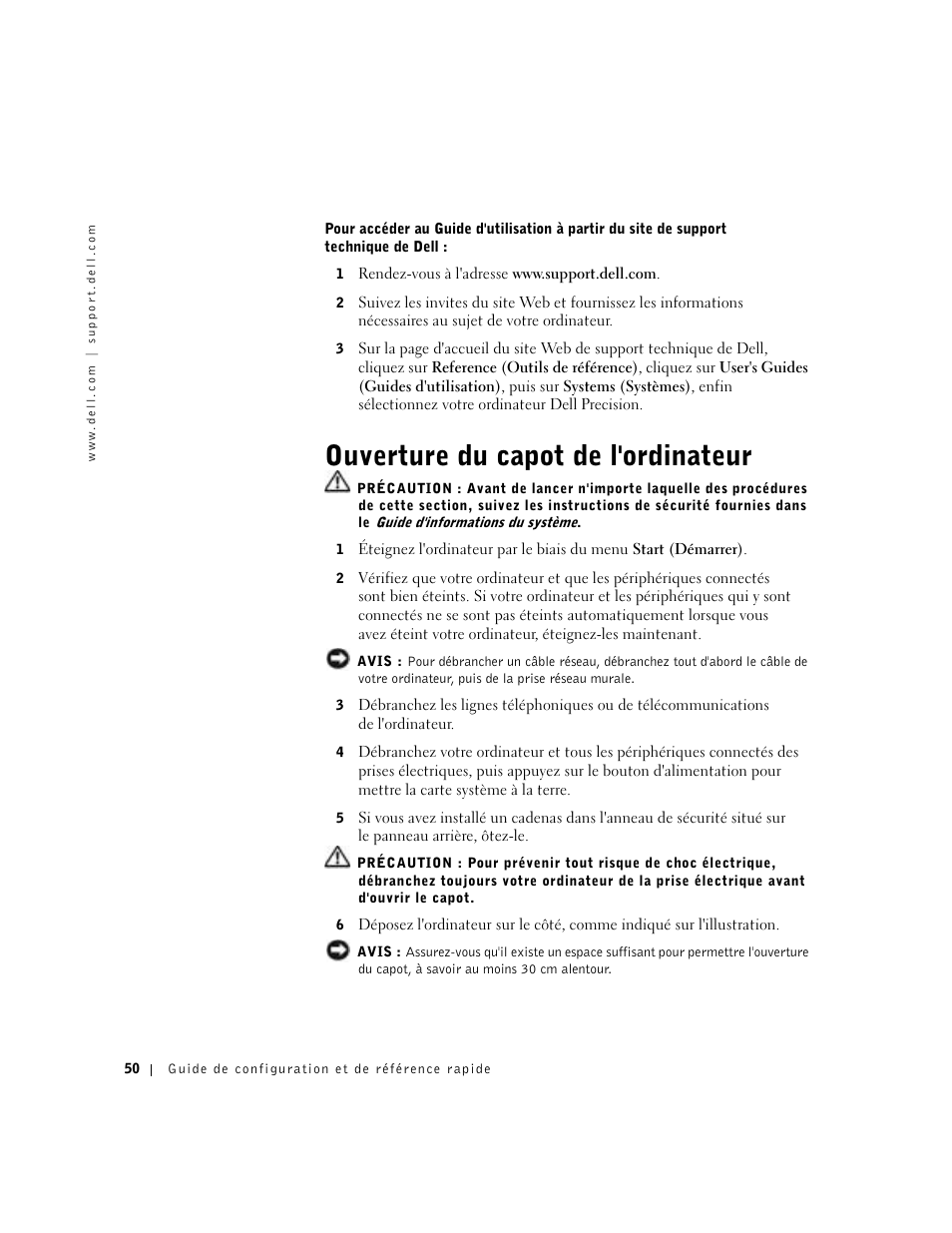 Ouverture du capot de l'ordinateur | Dell Precision 350 User Manual | Page 50 / 136