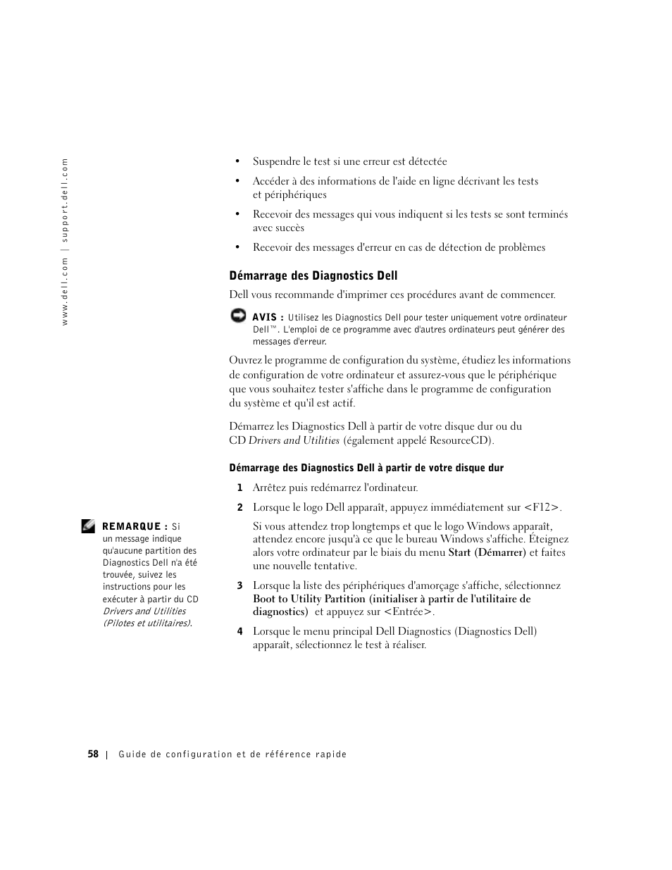 Démarrage des diagnostics dell | Dell Precision 350 User Manual | Page 58 / 136