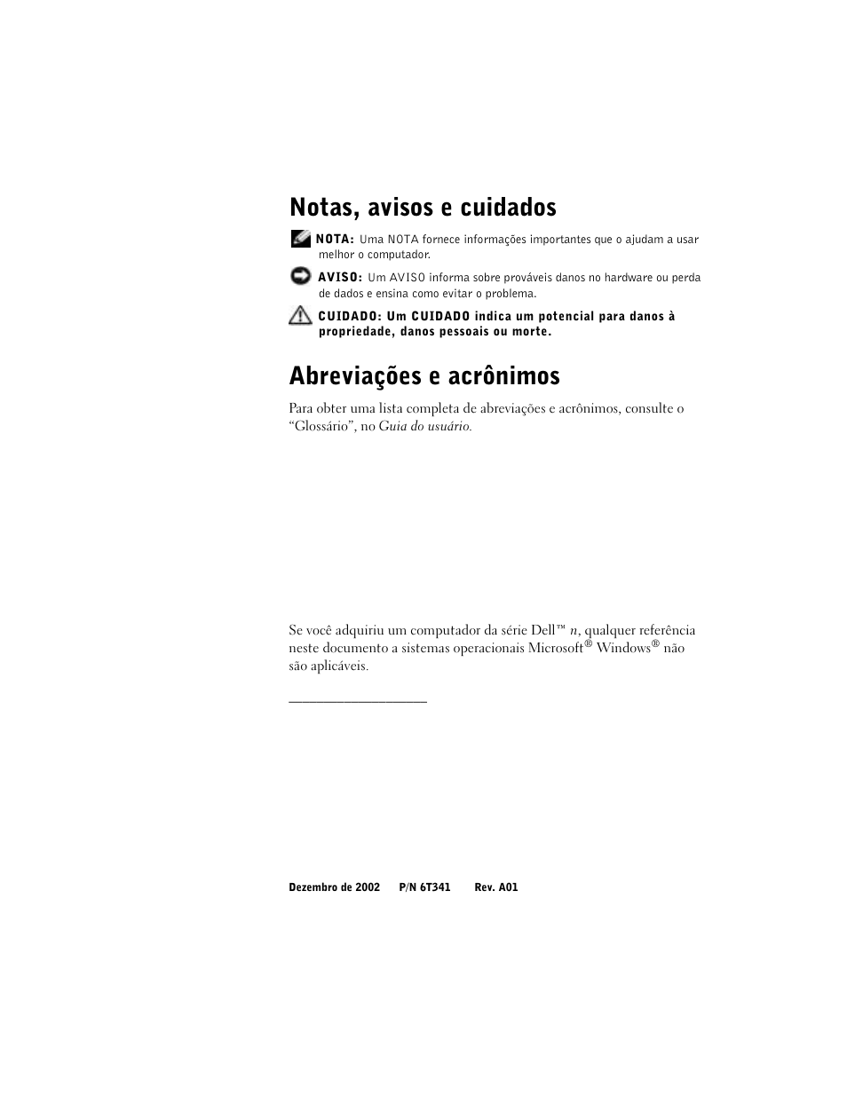 Notas, avisos e cuidados, Abreviações e acrônimos | Dell Precision 350 User Manual | Page 70 / 136