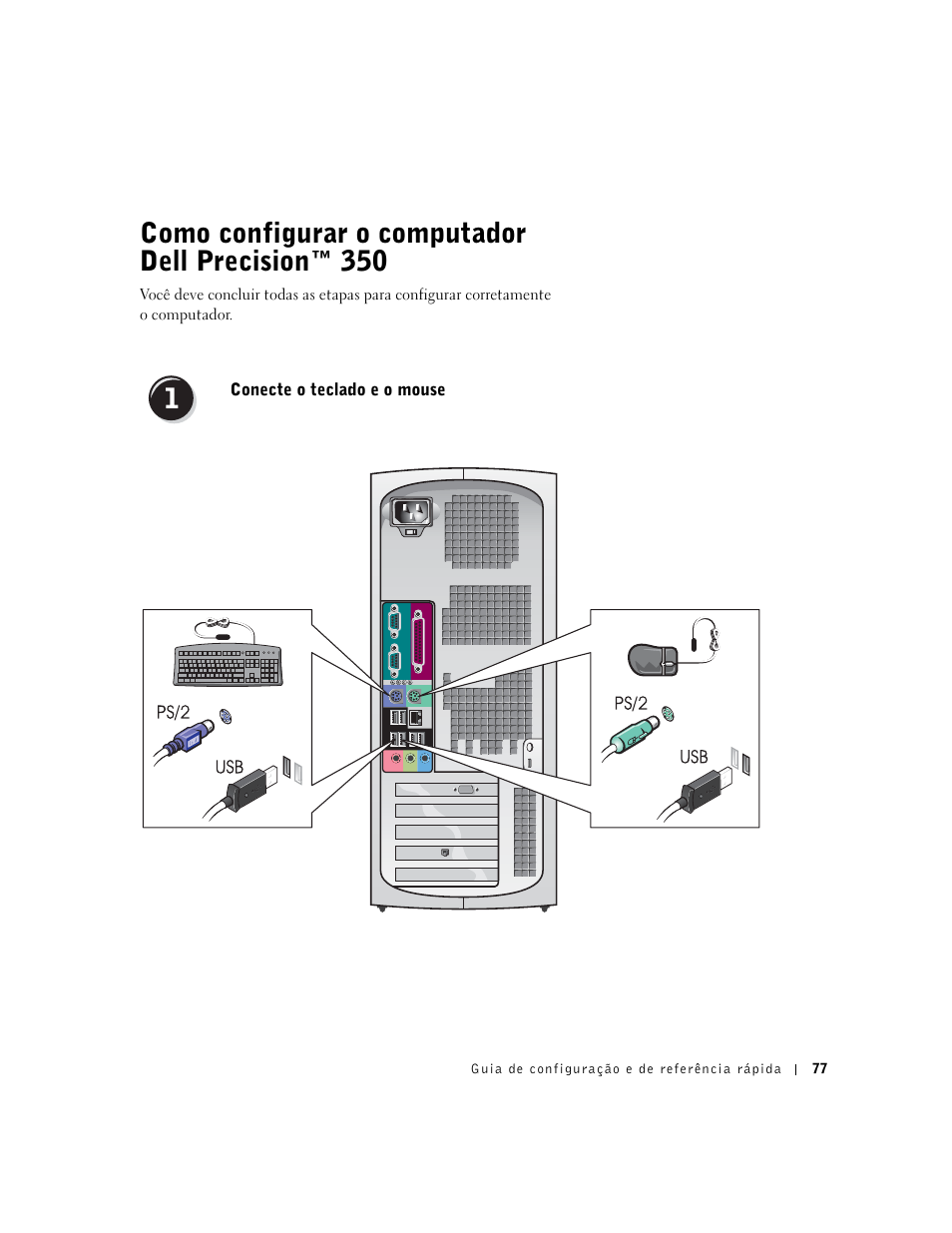 Como configurar o computador dell precision™ 350, Conecte o teclado e o mouse | Dell Precision 350 User Manual | Page 77 / 136