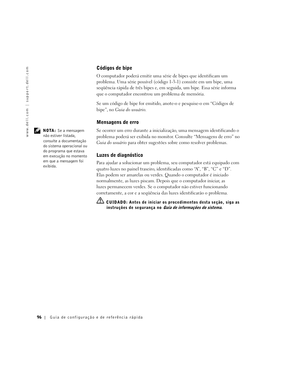 Códigos de bipe, Mensagens de erro, Luzes de diagnóstico | Dell Precision 350 User Manual | Page 96 / 136