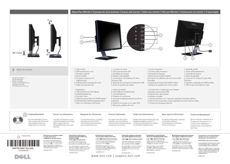 90 ± 5mm j, Y adjust the monitor, Finding information | Trouver les informations, Búsqueda de información, Procurar informaçâo, Finden von informationen, Dove reperire informazioni, Поиск информации, D^ll | Dell U2711 Monitor User Manual | Page 2 / 2