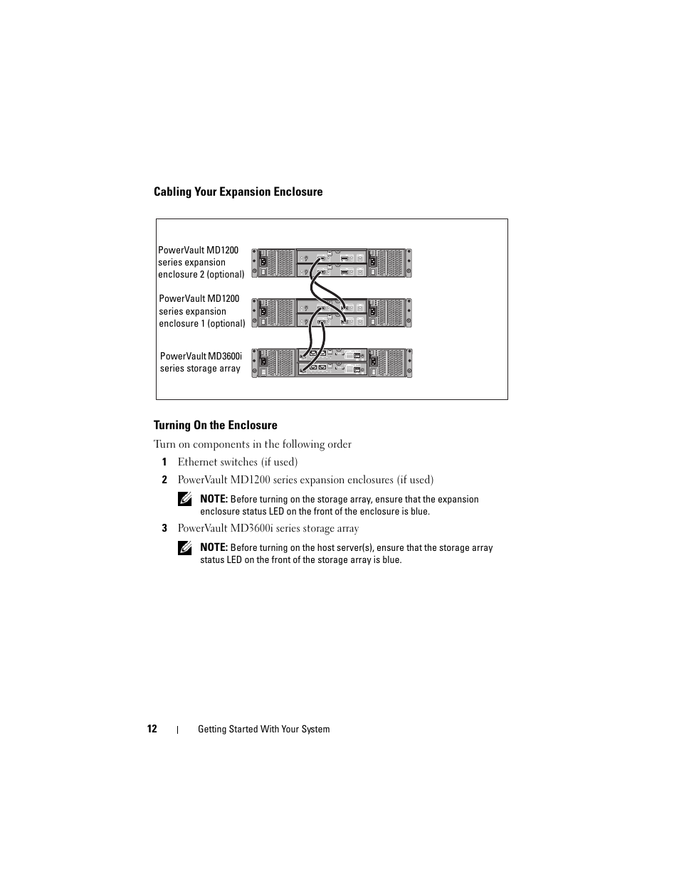 Cabling your expansion enclosure, Turning on the enclosure | Dell POWERVAULT MD3620I User Manual | Page 14 / 94