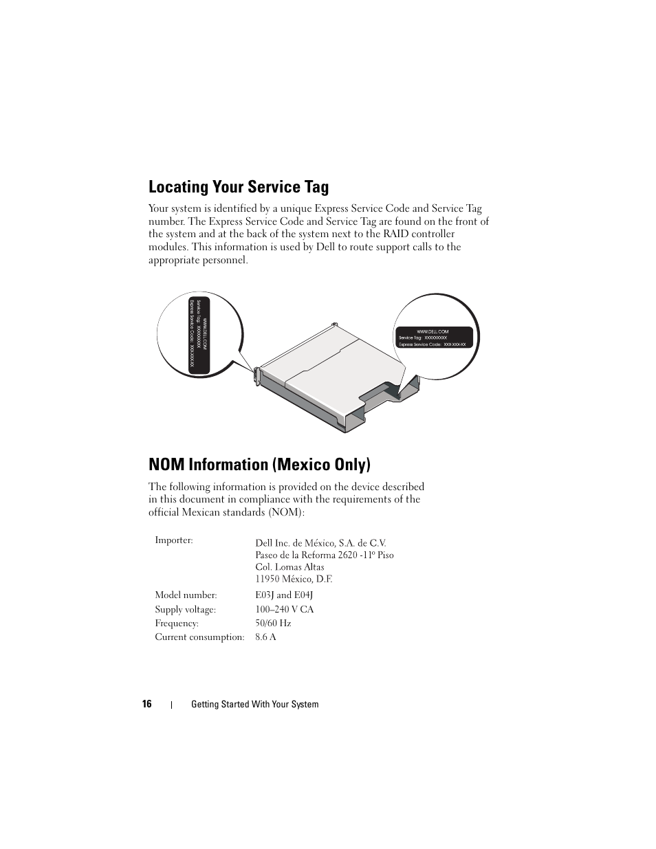 Locating your service tag, Nom information (mexico only) | Dell POWERVAULT MD3620I User Manual | Page 18 / 94