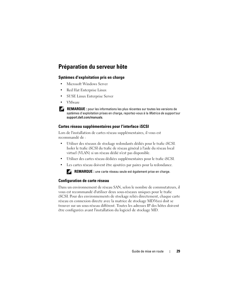 Préparation du serveur hôte, Systèmes d'exploitation pris en charge, Configuration de carte réseau | Dell POWERVAULT MD3620I User Manual | Page 31 / 94