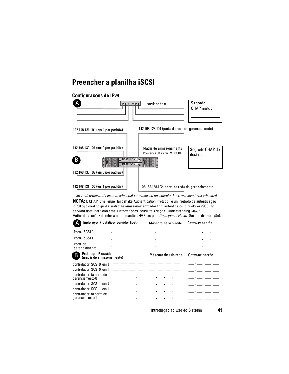 Preencher a planilha iscsi, Configurações de ipv4 | Dell POWERVAULT MD3620I User Manual | Page 51 / 94