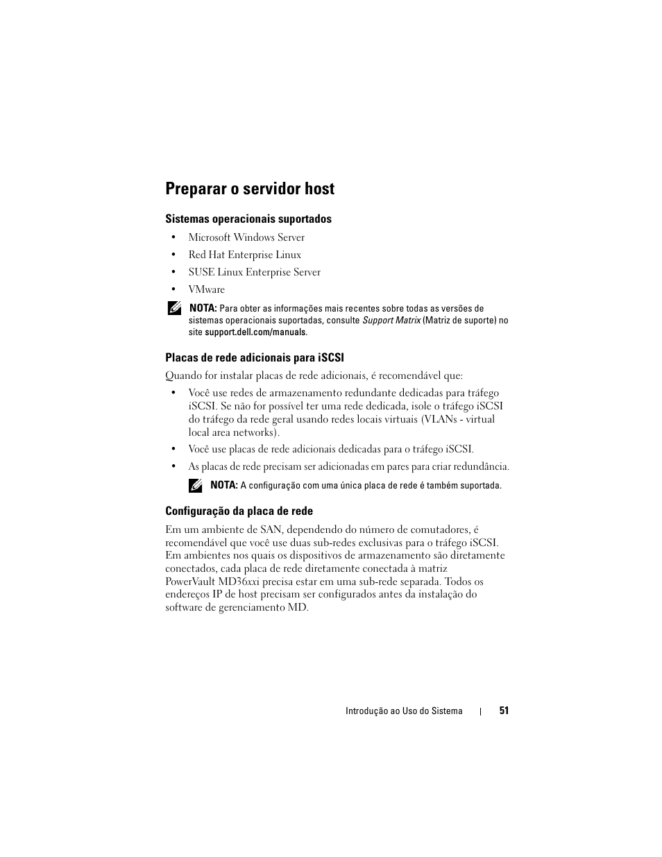 Preparar o servidor host, Sistemas operacionais suportados, Placas de rede adicionais para iscsi | Configuração da placa de rede | Dell POWERVAULT MD3620I User Manual | Page 53 / 94