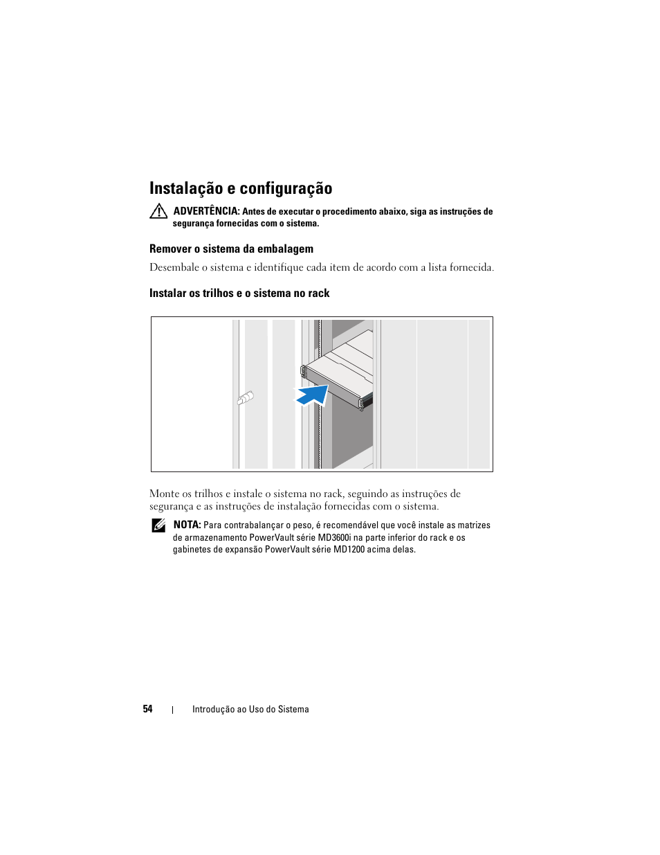 Instalação e configuração, Remover o sistema da embalagem, Instalar os trilhos e o sistema no rack | Dell POWERVAULT MD3620I User Manual | Page 56 / 94