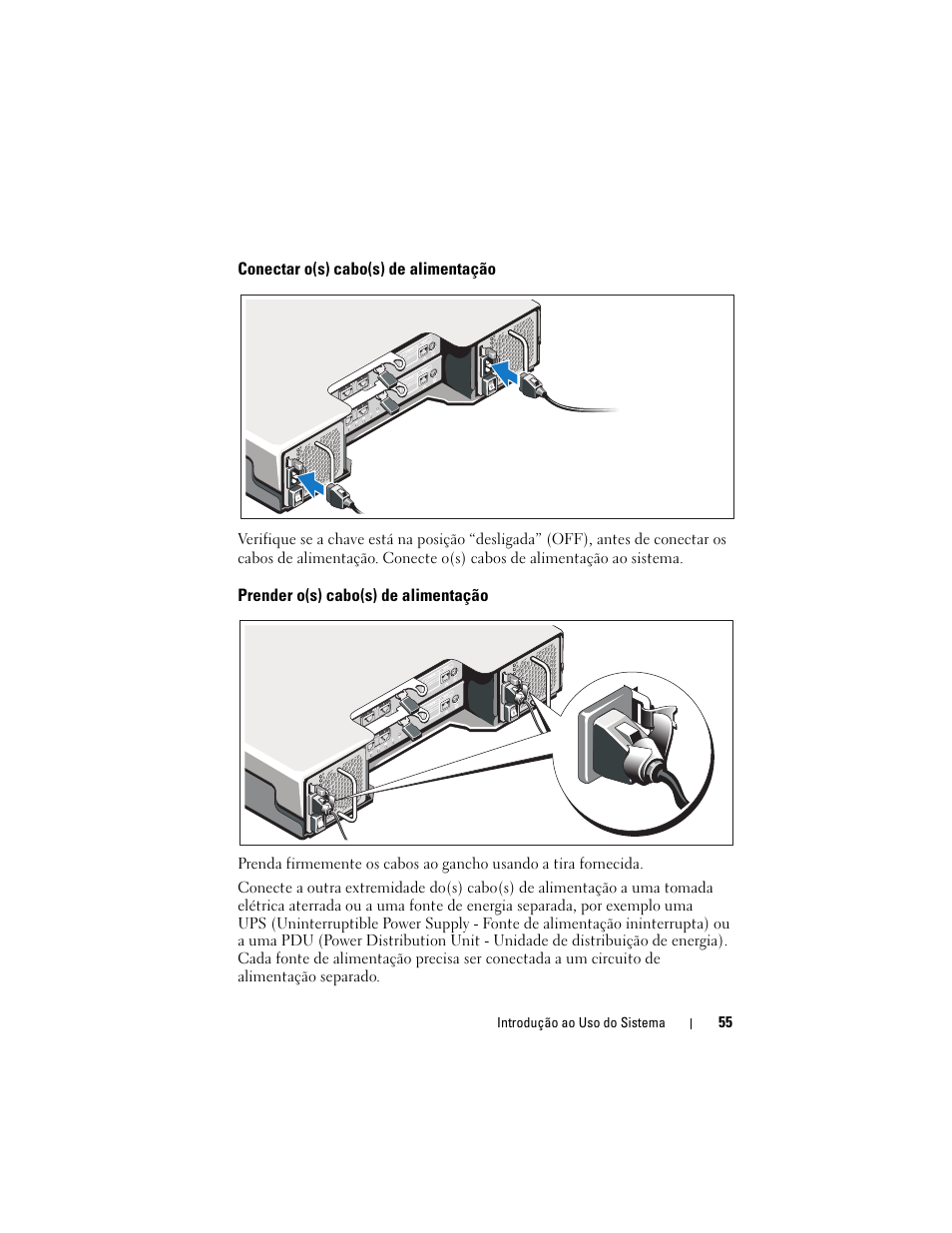 Conectar o(s) cabo(s) de alimentação, Prender o(s) cabo(s) de alimentação | Dell POWERVAULT MD3620I User Manual | Page 57 / 94