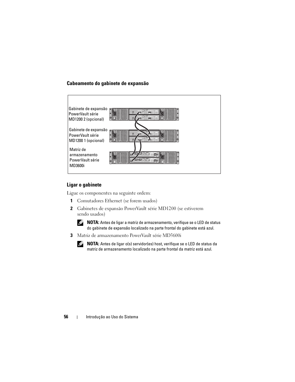 Cabeamento do gabinete de expansão, Ligar o gabinete | Dell POWERVAULT MD3620I User Manual | Page 58 / 94