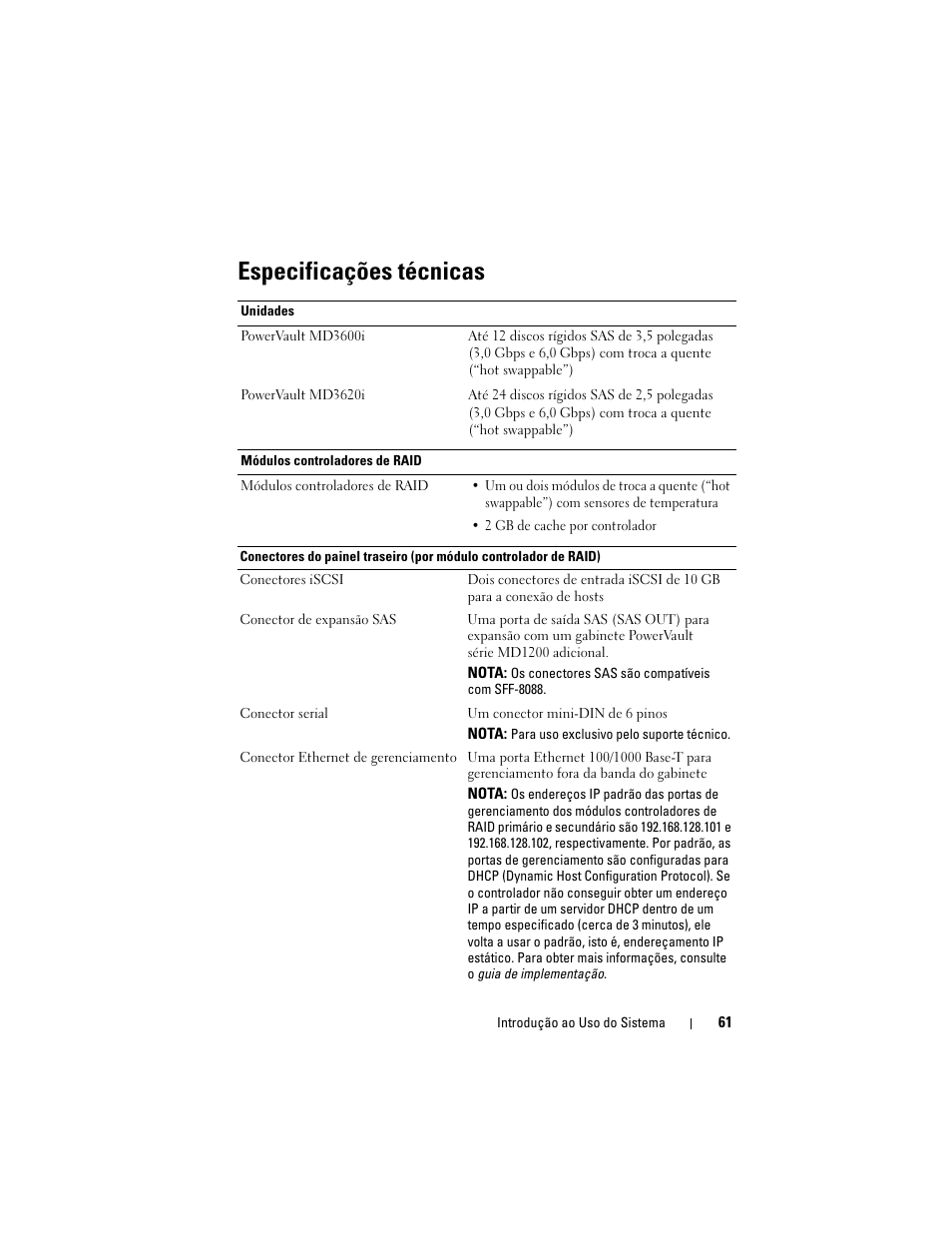 Especificações técnicas | Dell POWERVAULT MD3620I User Manual | Page 63 / 94