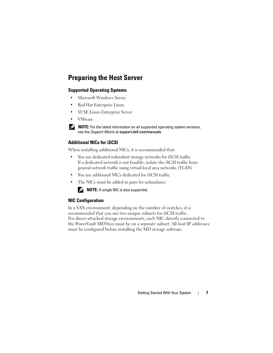 Preparing the host server, Supported operating systems, Additional nics for iscsi | Nic configuration | Dell POWERVAULT MD3620I User Manual | Page 9 / 94