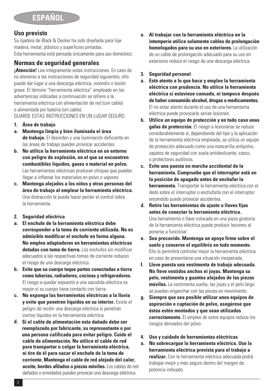 Español, Uso previsto, Normas de seguridad generales | Black & Decker N SS1000 User Manual | Page 3 / 11