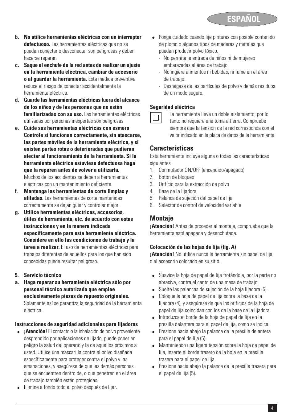 Español, Características, Montaje | Black & Decker N SS1000 User Manual | Page 4 / 11