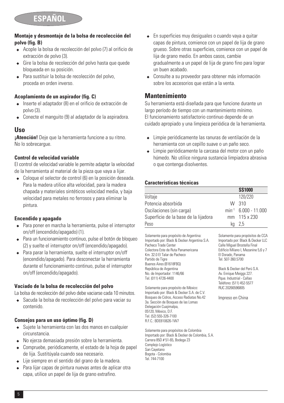 Español, Mantenimiento | Black & Decker N SS1000 User Manual | Page 5 / 11