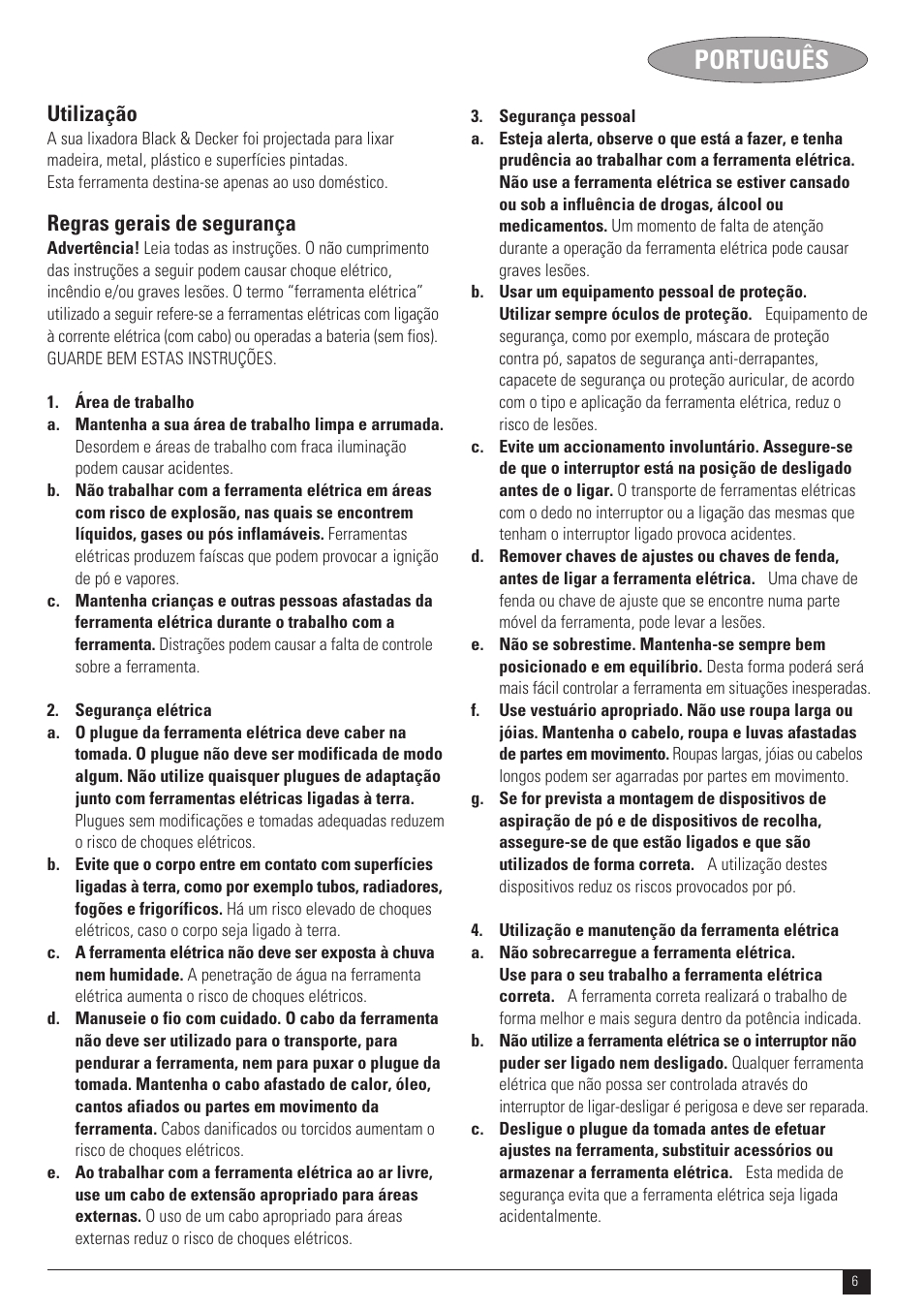 Português, Utilização, Regras gerais de segurança | Black & Decker N SS1000 User Manual | Page 6 / 11