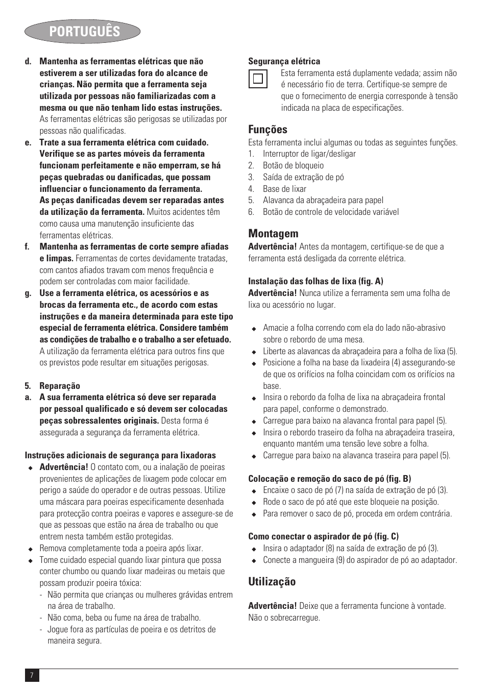 Português, Funções, Montagem | Utilização | Black & Decker N SS1000 User Manual | Page 7 / 11