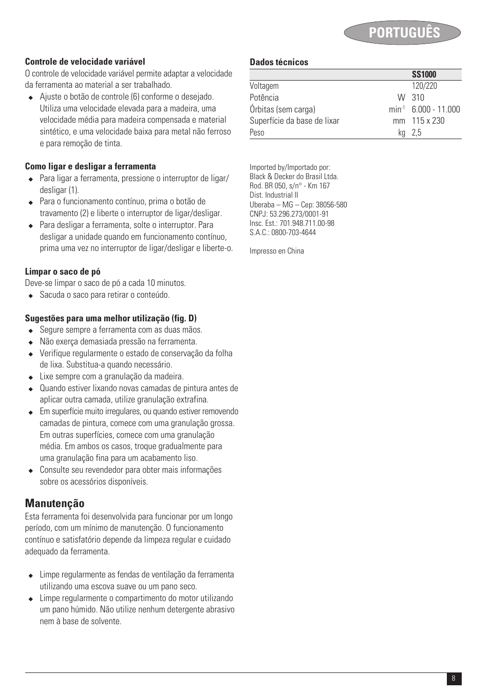 Português, Manutenção | Black & Decker N SS1000 User Manual | Page 8 / 11