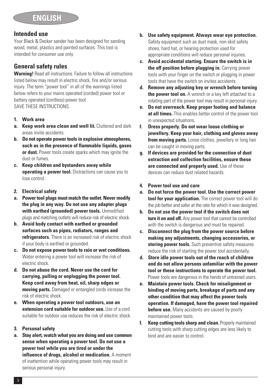 English, Intended use, General safety rules | Black & Decker N SS1000 User Manual | Page 9 / 11