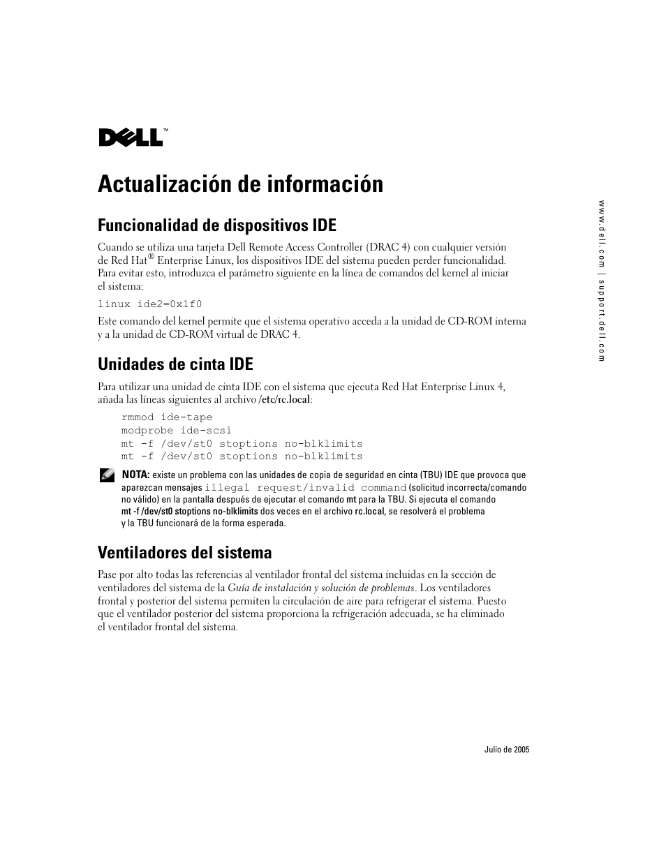 Actualización de información, Funcionalidad de dispositivos ide, Unidades de cinta ide | Ventiladores del sistema | Dell PowerEdge 830 User Manual | Page 13 / 14