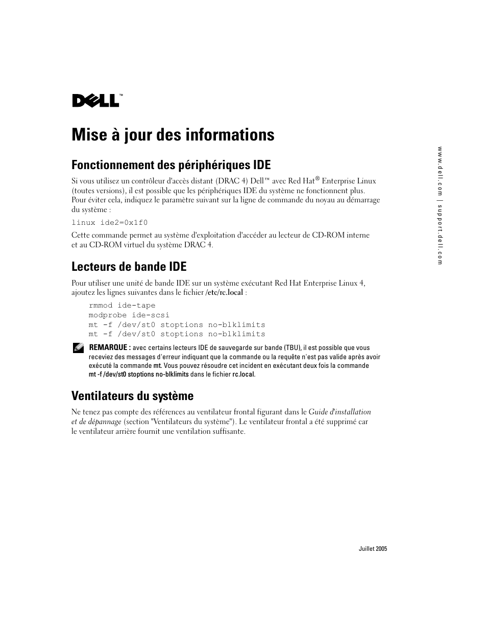 Mise à jour des informations, Fonctionnement des périphériques ide, Lecteurs de bande ide | Ventilateurs du système | Dell PowerEdge 830 User Manual | Page 5 / 14