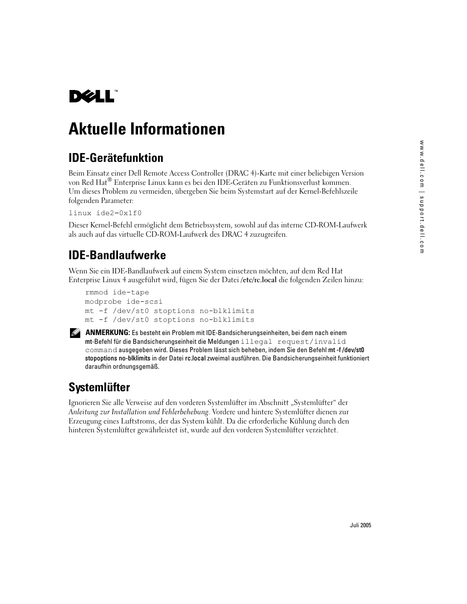 Aktuelle informationen, Ide-gerätefunktion, Ide-bandlaufwerke | Systemlüfter | Dell PowerEdge 830 User Manual | Page 7 / 14