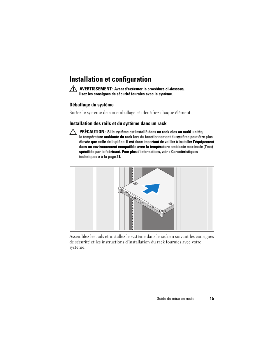 Installation et configuration, Déballage du système, Installation des rails et du système dans un rack | Dell PowerEdge R210 II User Manual | Page 17 / 52