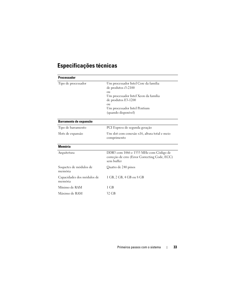 Especificações técnicas | Dell PowerEdge R210 II User Manual | Page 35 / 52