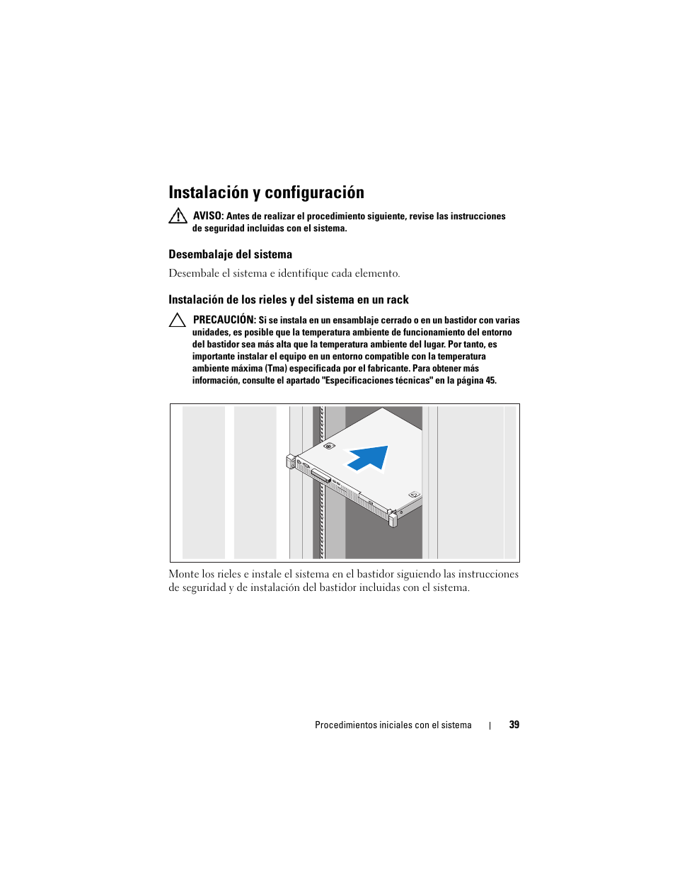 Instalación y configuración, Desembalaje del sistema, Instalación de los rieles y del sistema en un rack | Dell PowerEdge R210 II User Manual | Page 41 / 52