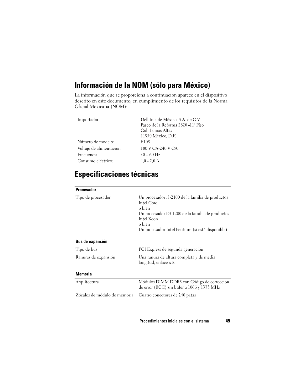 Información de la nom (sólo para méxico), Especificaciones técnicas | Dell PowerEdge R210 II User Manual | Page 47 / 52