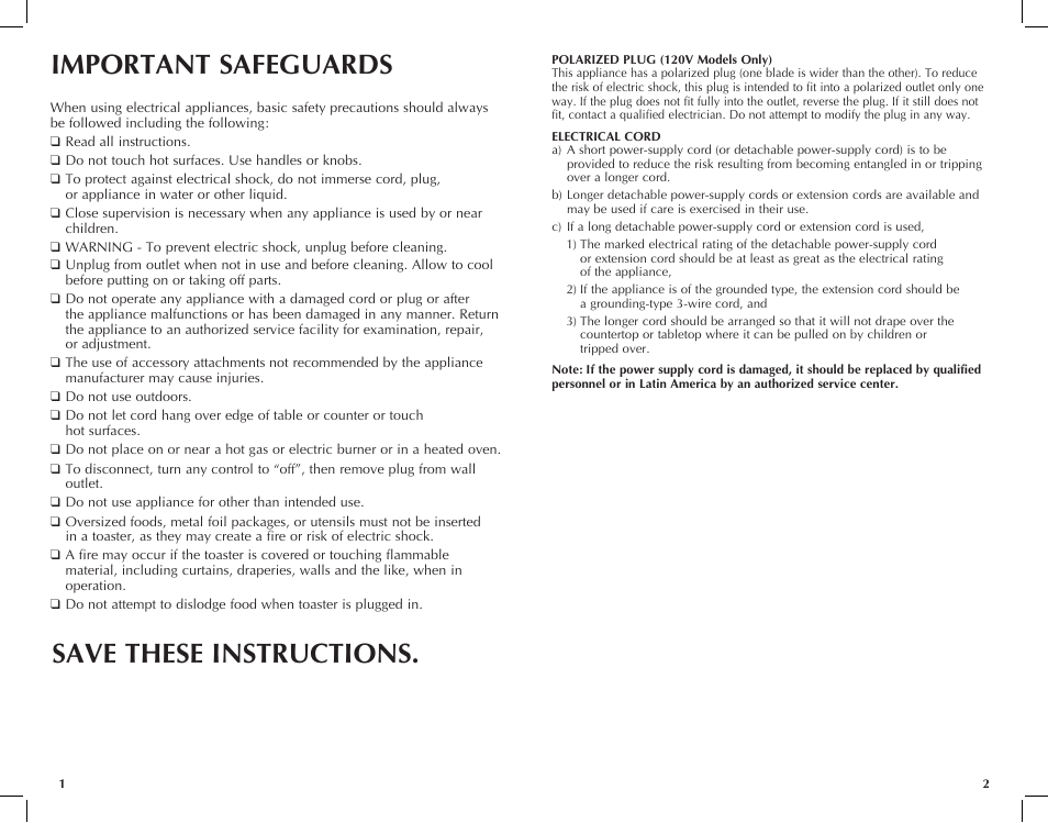 Important safeguards save these instructions | Black & Decker T2030 User Manual | Page 2 / 13