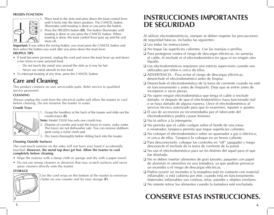 Instrucciones importantes de seguridad, Conserve estas instrucciones, Care and cleaning | Black & Decker T2030 User Manual | Page 4 / 13